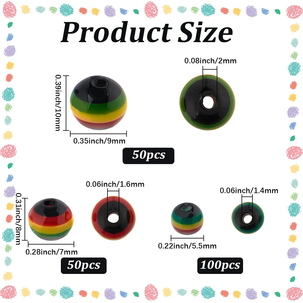 200Pcs 3 Styles Rasta Beads African Hair Beads Ghana Jamaica Reggae Striped Colorful Black Red Green Yellow Resin Round Ball