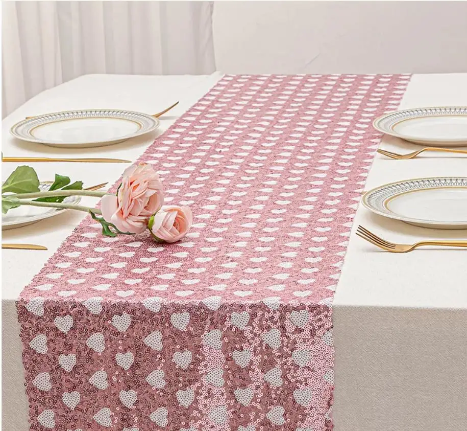 5PCS Sequin Table Runner with Rainbow Butterflies & Hearts, Wedding Party Decorative Tablecloth, Christmas Party Dining Table De