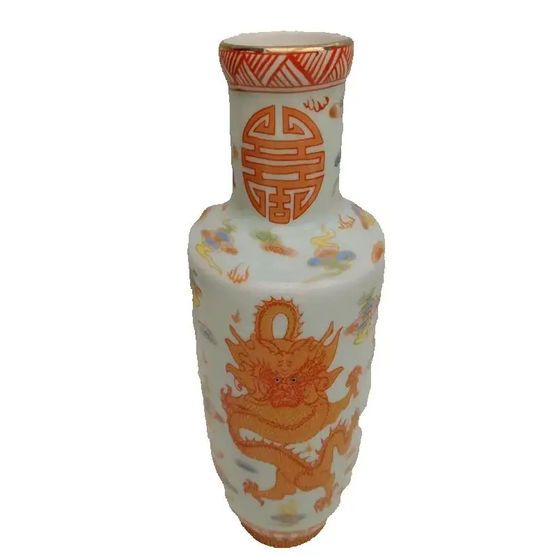 China Old Porcelain Vase with Enamel Green Background Double Dragon Pattern Traditional collectibles  Artwork