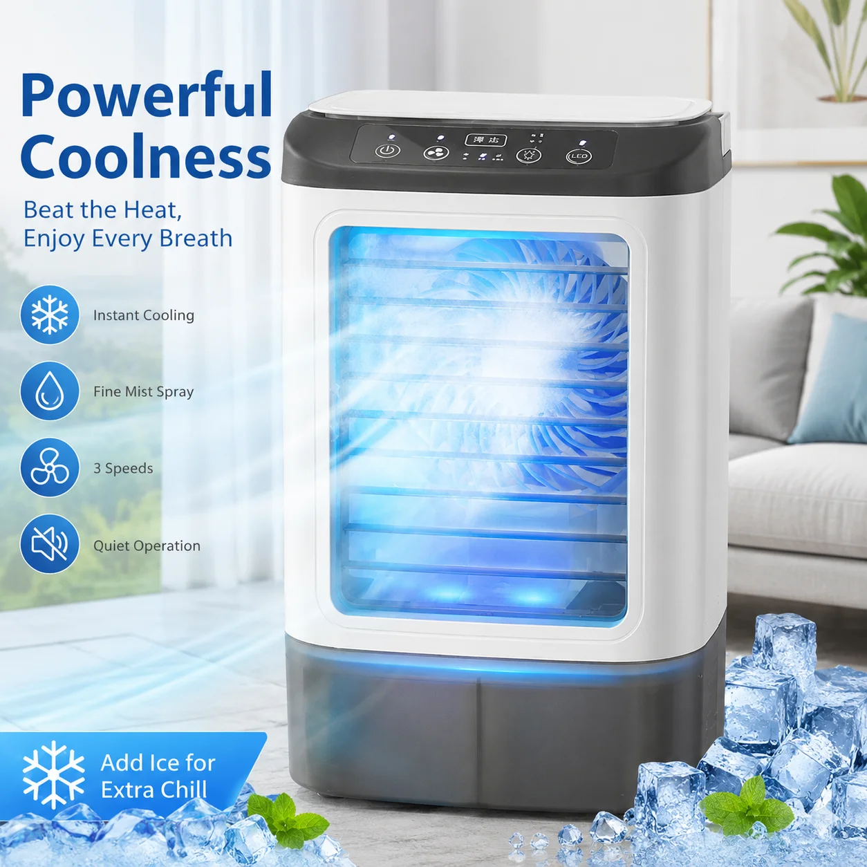 Portable USB Home Cooling Fan Mini Air Conditioner Atomizing Air Cooler 3 Speeds, Quiet, with Night Light Office Home Fan