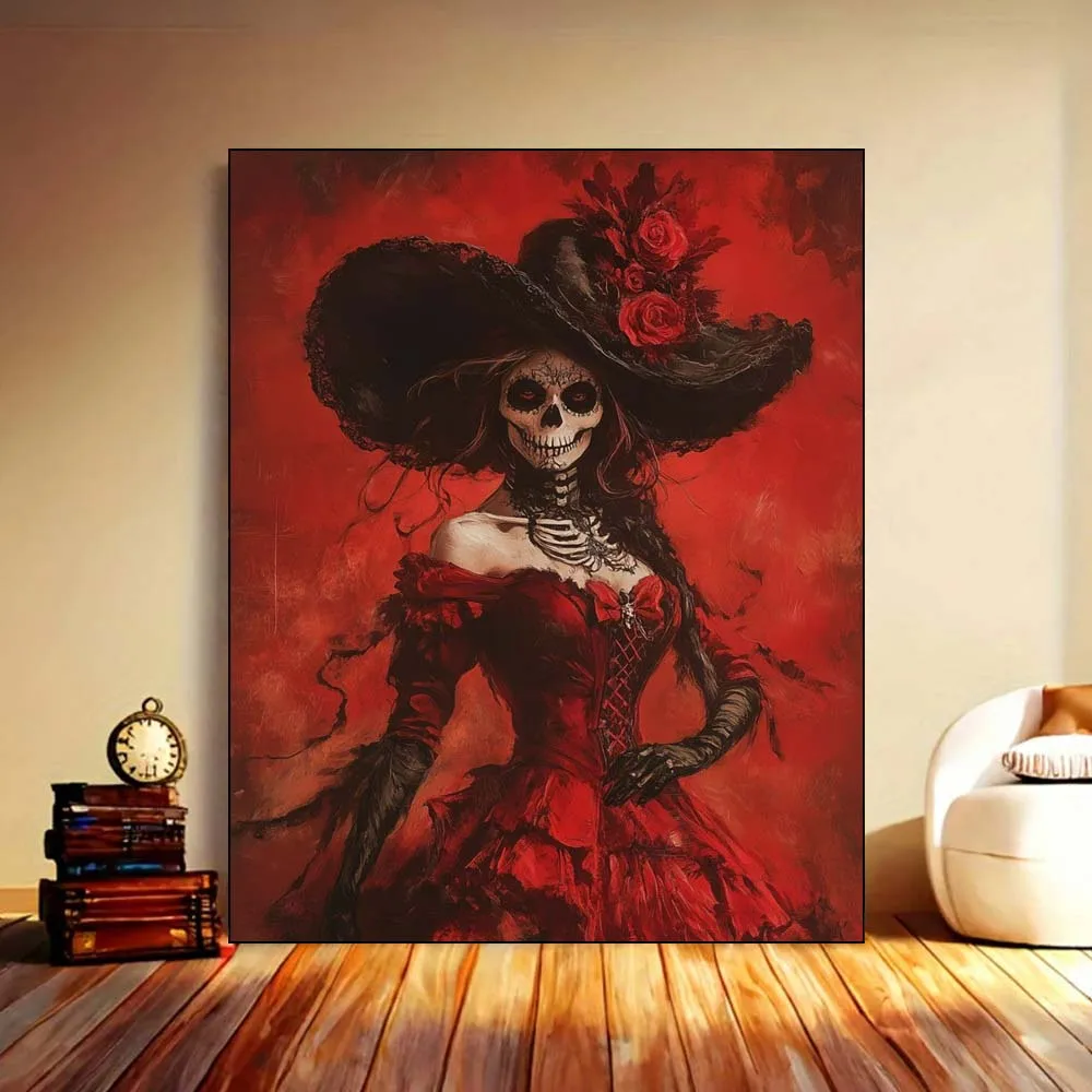 

Женский с сахарным черепом на красном викторианском платье, холст, набор цифровой масляной живописи «сделай сам», для взрослых, начинающих, без рамы