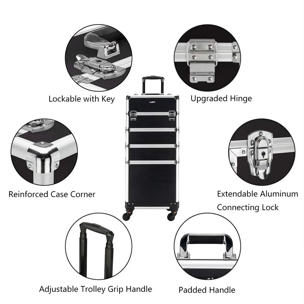 حقيبة قطار مكياج دوارة 4 في 1 من الألومنيوم، منظم سفر محمول بعجلات، حقيبة تخزين مستحضرات التجميل قابلة للقفل (أسود)