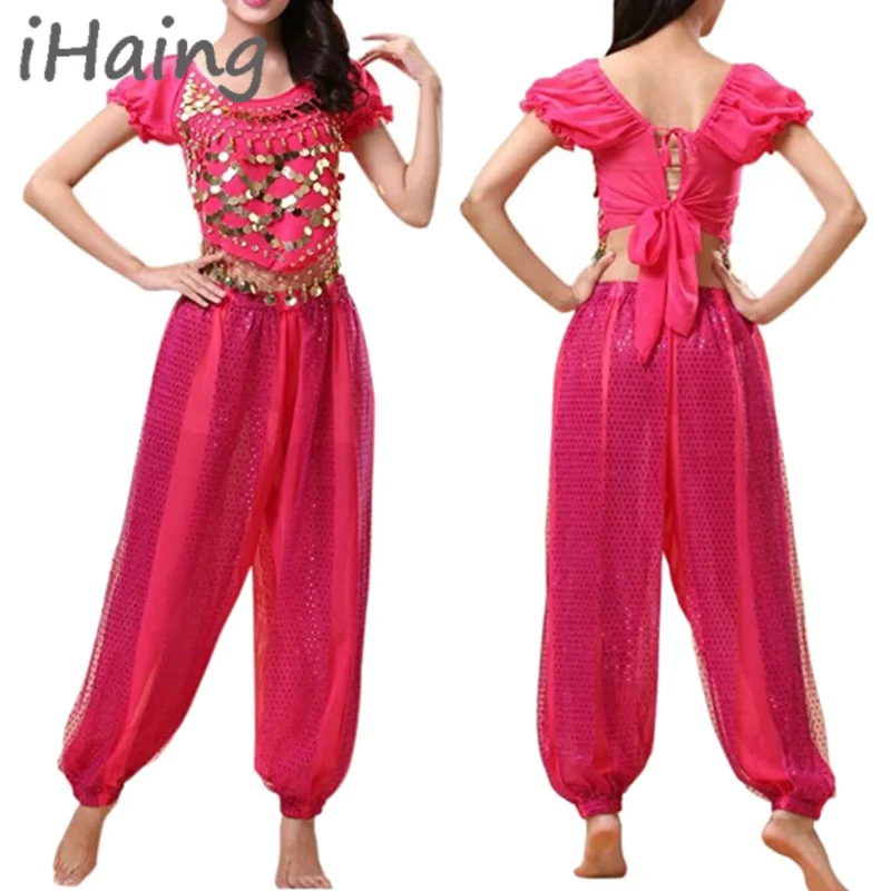 

Женский арабский костюм для танца живота на Хэллоуин, топы с блестками и брюки-шаровары, укороченный топ, шаровары, танцевальный наряд