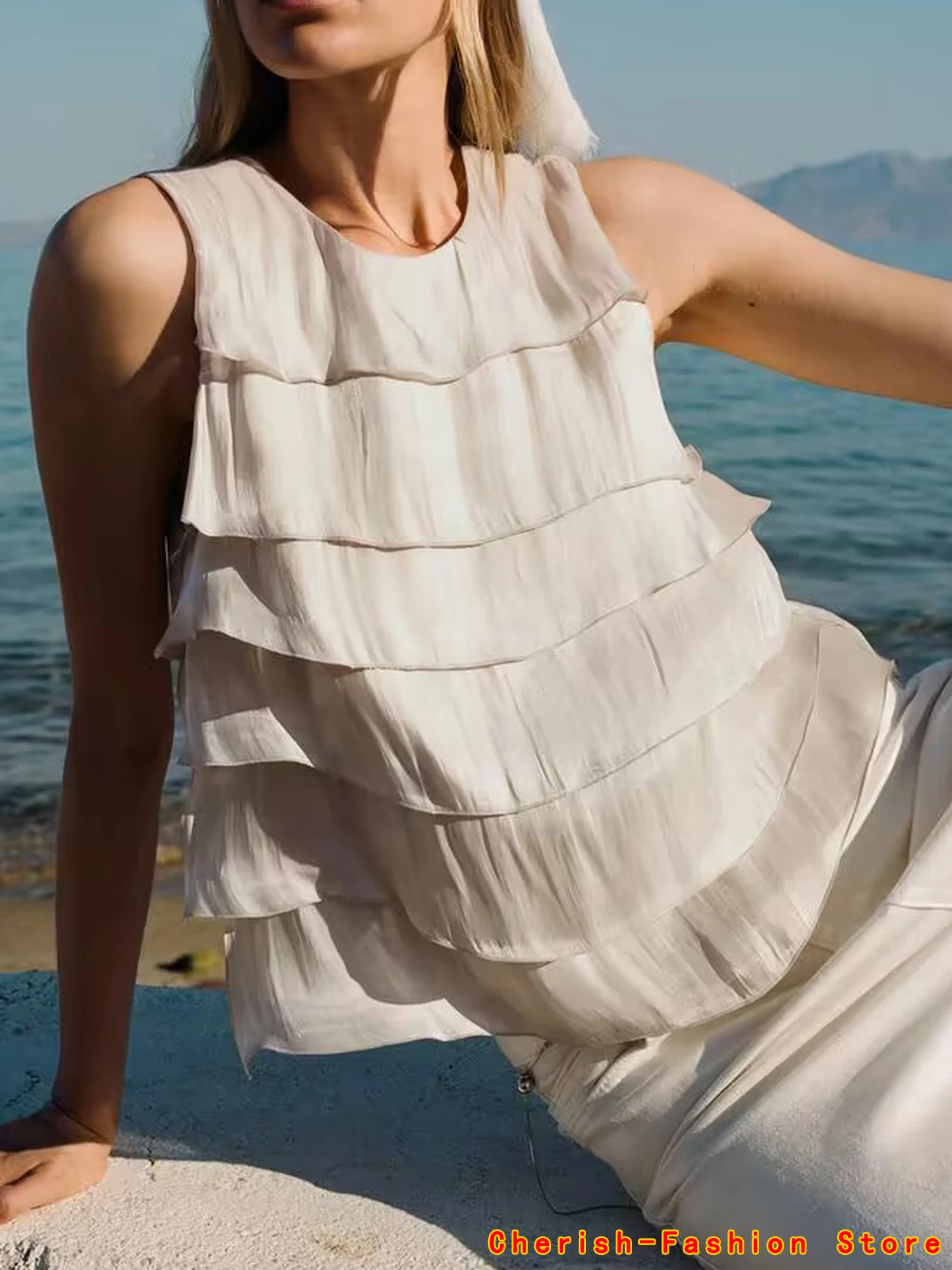 

Women Fashion Beige Tierred Ruffled Summer Tank Tops Vintage O-Neck Female Chic Thin Top Solid Shirt Ruffled Sleeveless Blouse