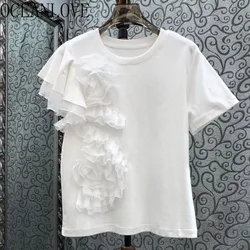 OCEANLOVE Spring Summer T Shirt for Women Ruffles Solid 3D Flower Vintage Ropa De Mujer Korean Fashion Asymmetrical Tees