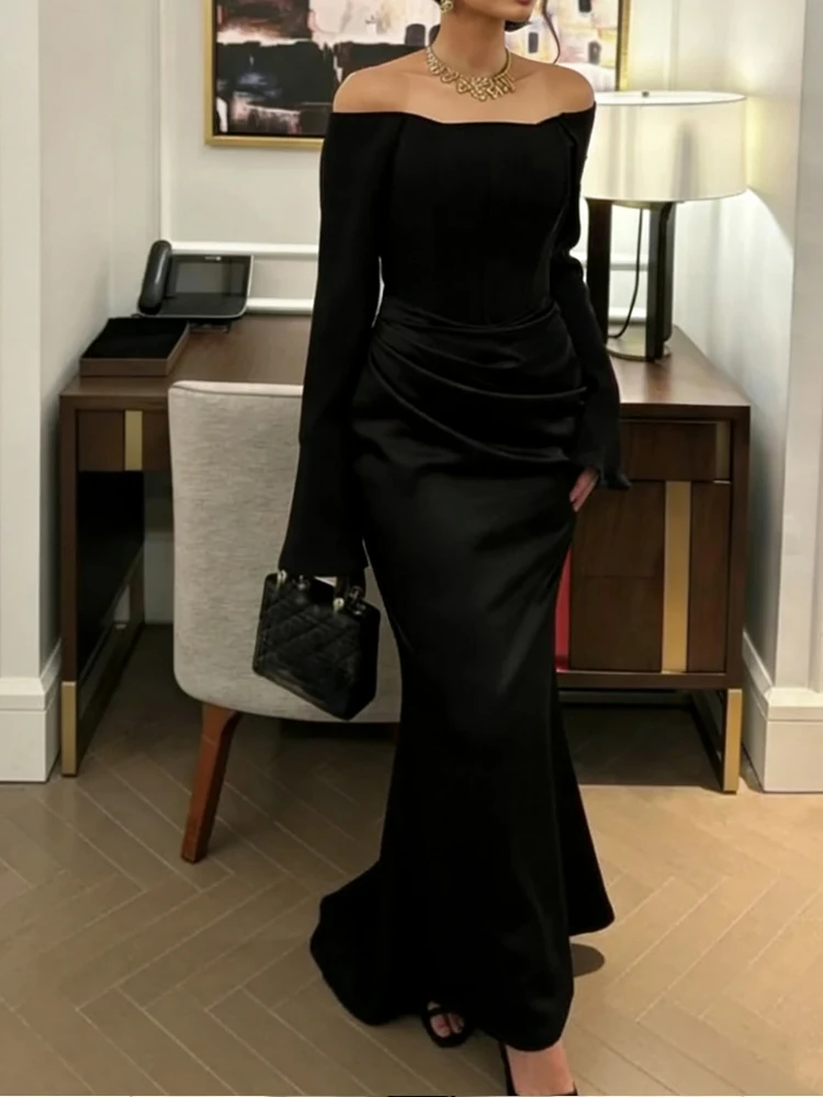 

Элегантное платье-футляр с разрезом и открытыми плечами, без бретелек, с расклешенными рукавами, плиссированное, для торжественных мероприятий