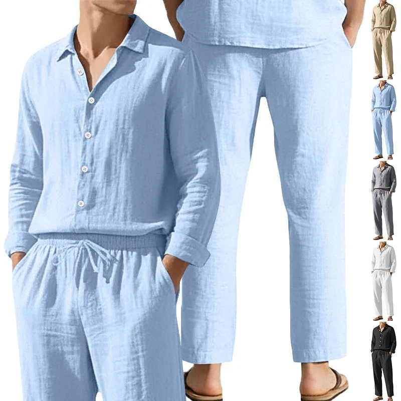 

Summer Outfit Men 2 Piece Set Lightweight Long Sleeve Shirt Drawstring Waist Pants Relaxed Fit Casual Shirt Solid Beige Linen