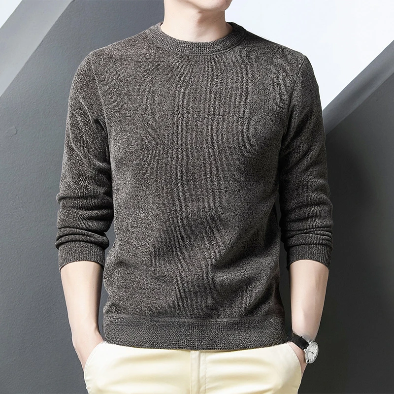 2024 Autumn Winter Men's Solid Color Round Neck Middle-Aged Dad's Warm Long Sleeved Sweater  Plush Thick  A179