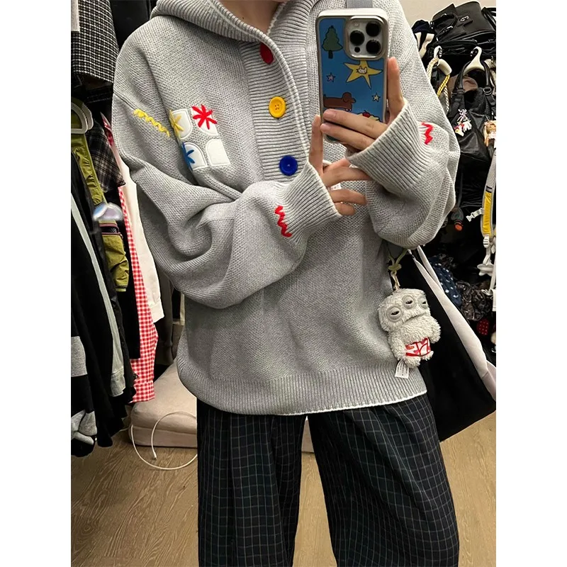 

Мужская зимняя толстовка с вышивкой в американском стиле, повседневный ретро-свитер с пуговицами, молодежная модная вязаная кофта