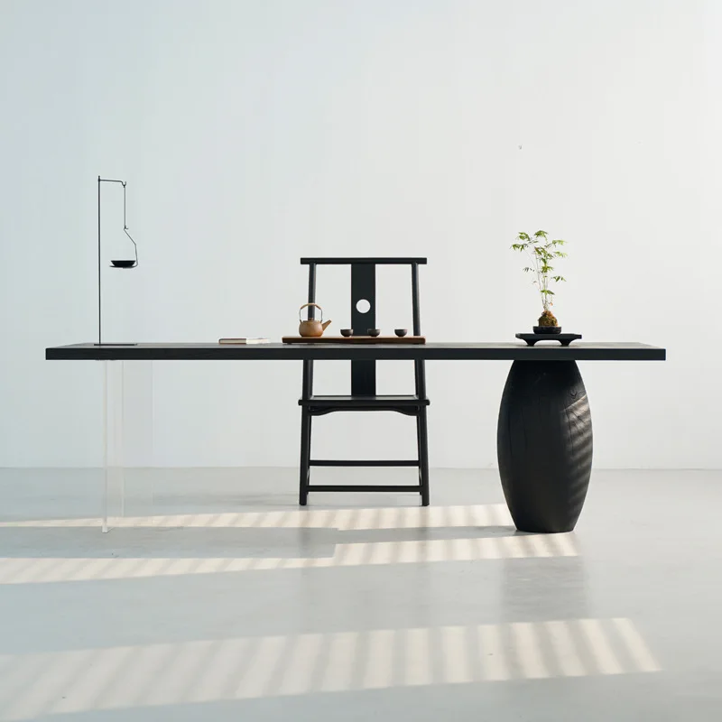 Wabi Sandy Wind Solid Wood Dining Table Black Household Carbonized Ash Wood Meeting Guests for Eating Multi-purpose Tea Table Re