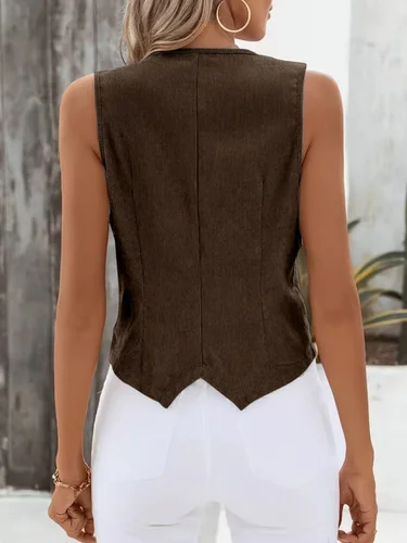 Imagen 2 del producto Chaleco de pana vintage para mujer, chaleco ajustado con botones y cuello en V, camiseta sin mangas marrón informal sin mangas retro de los años 90 para capas