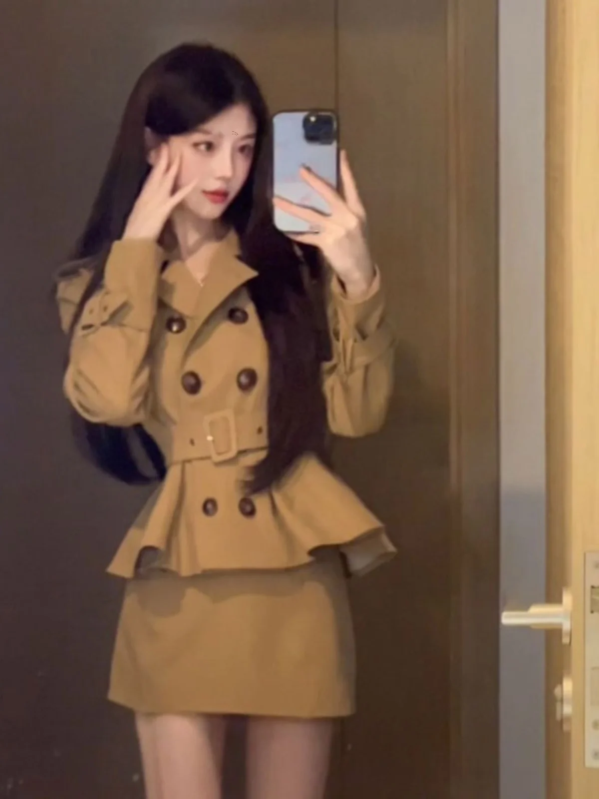 

Khaki Faion Set High Waist Pants ort Sve Long Dr Two Piece Suit Spring Autumn Commute Sle Cotton Blend Fabric