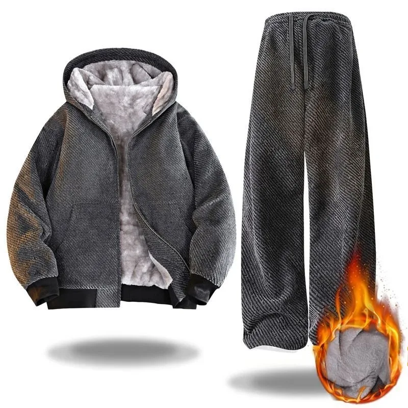 ชุดเซ็ตสองชิ้นผู้ชายสไตล์อเมริกัน ผ้าฟลีซหนานุ่ม ทรงหลวม ใส่ได้หลากหลาย ชุดผู้ชายครบเซ็ต ระดับไฮเอนด์ ชุดลำลองสำหรับฤดูใบไม้ร่วงและฤดูหนาว