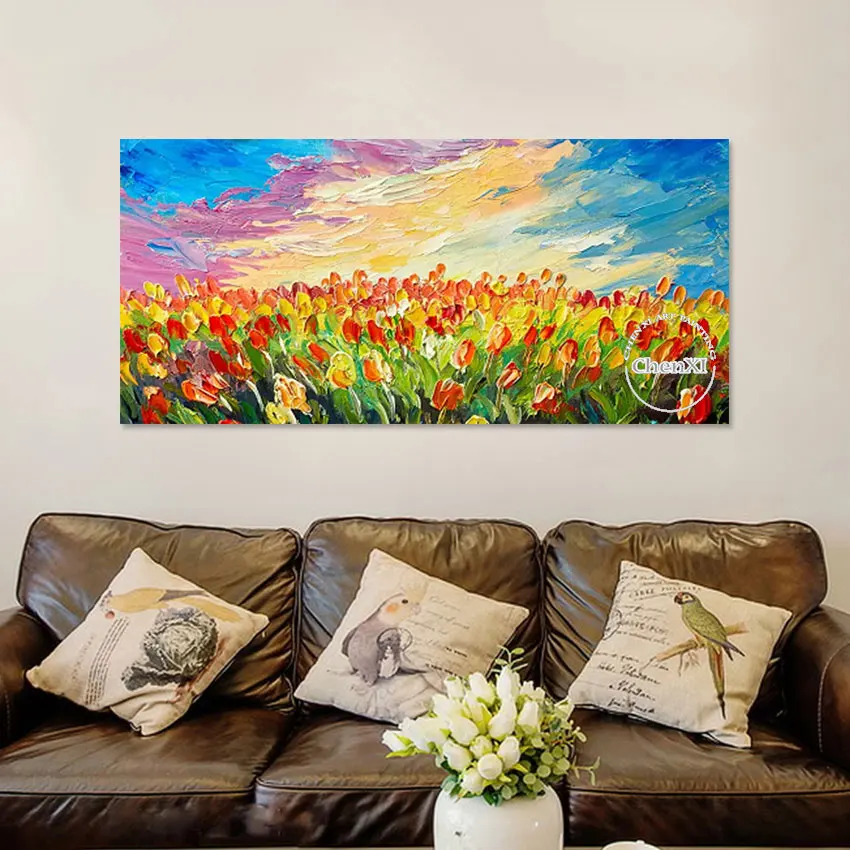 Living Room Decorative Item Tulips Flowers Graden Landscape Oil Painting Wall Art On Canvas Handmade Unframed Luxury Knife Art