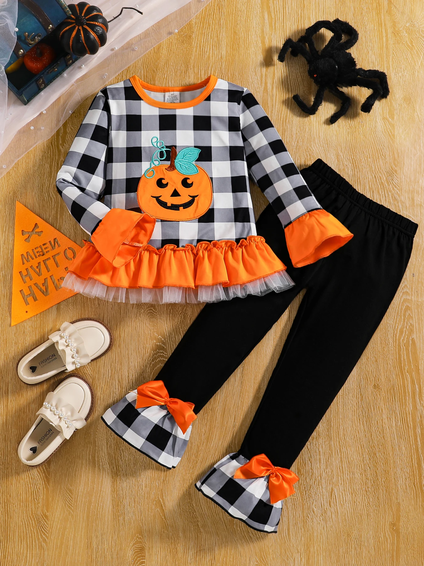 Autumn children\'s pumpkin head embroidered checkered shirt+black casual pants set two-piece casual outfit