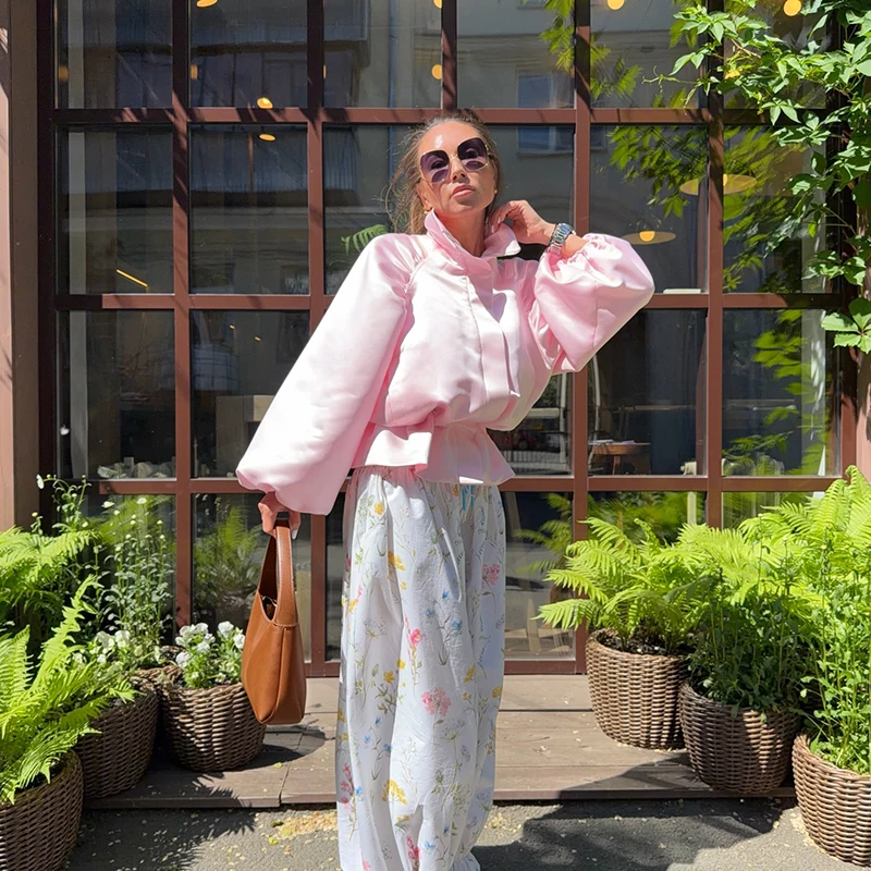 Übergroße, taillenbetonte, glänzende Oberflächenmäntel für Damen, Street-Style, Stehkragen, Laternenärmel, einfarbige, lockere Jacken, schicke Oberbekleidung – Detail 30