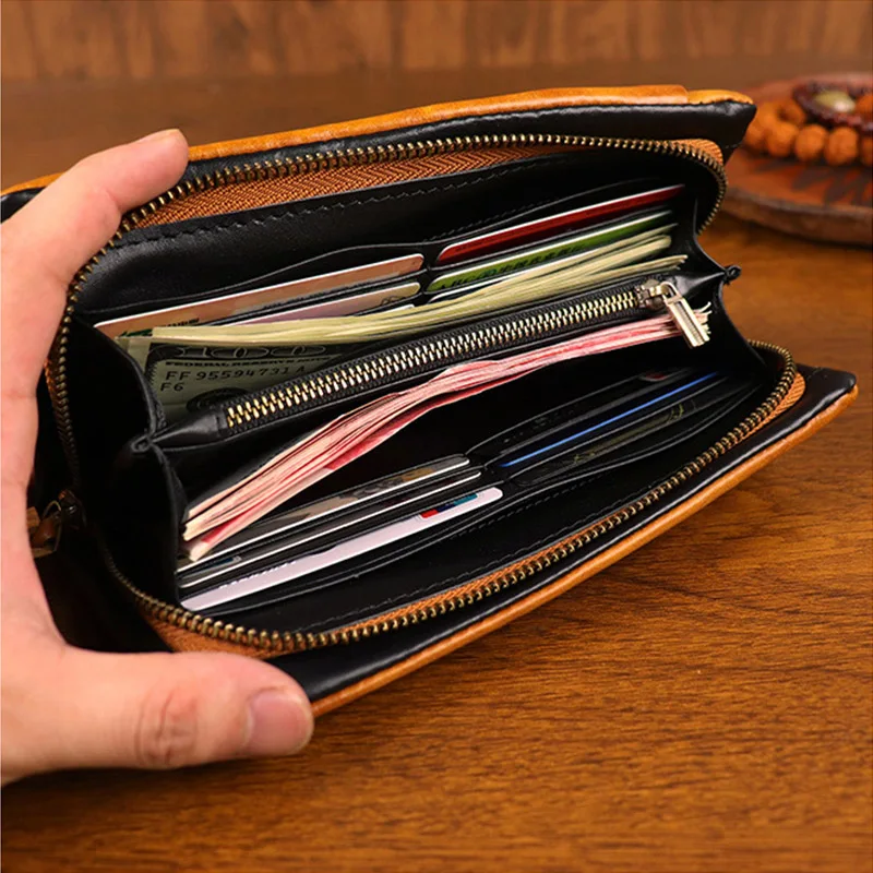 Vintage Pouch Bags Long Style Clutch Bag Genuine Cow Leather Wallet Organizer Cash Holder Button Zipper Solid Wallets Keep Cards