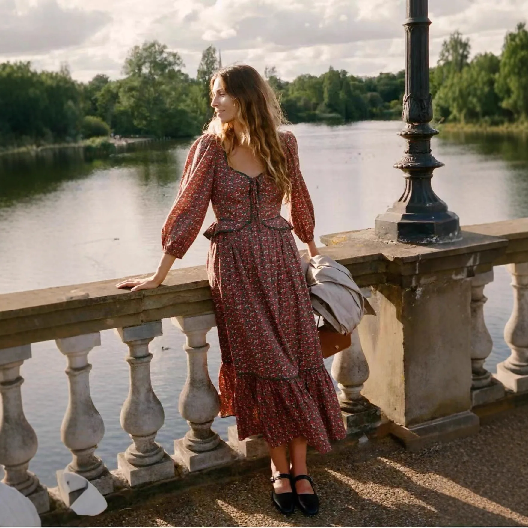 

Retro Floral Print Belted Waist Bubble Sve Midi Dr Women's Cotton Casual Sle Autumn New Arrival Chinese Made Dr