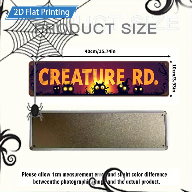 1 قطعة لافتة معدنية، مقاس 4 × 16 بوصة للهالوين "Creature Rd." لافتة مع أضواء اليقطين والخفافيش للديكور الاحتفالي #3
