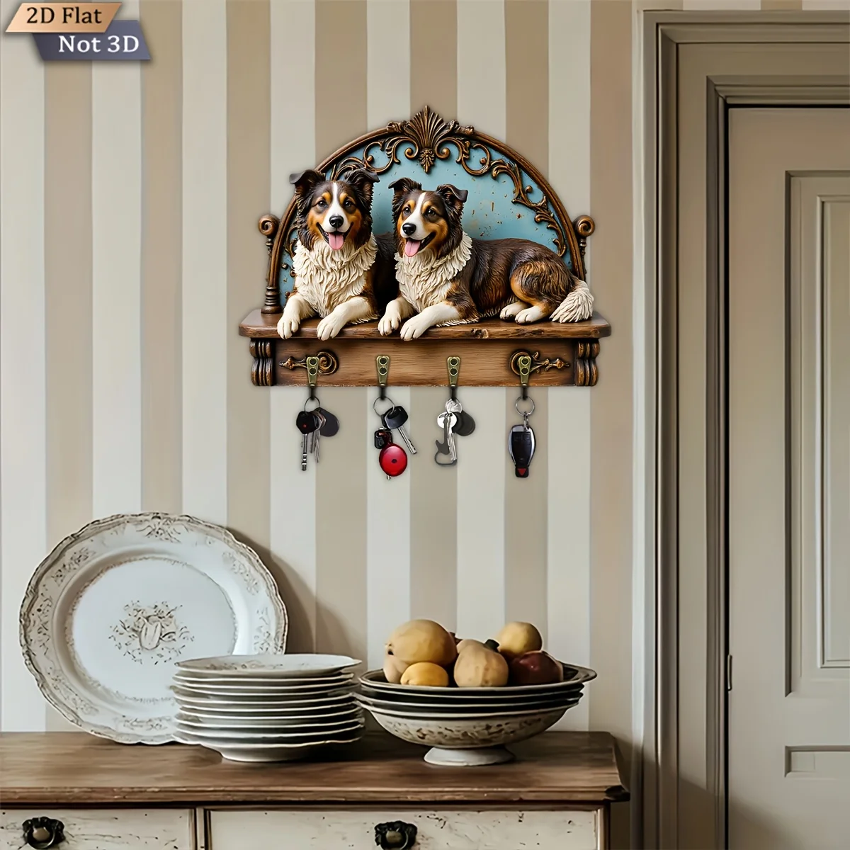 2D flach, 1 Stück, Retro-Schlüsselhaken im Hundethema-Stil, multifunktionales Schlüsselregal aus Holz für Zuhause mit vier Metallhaken, Wanddekoration, Veranda