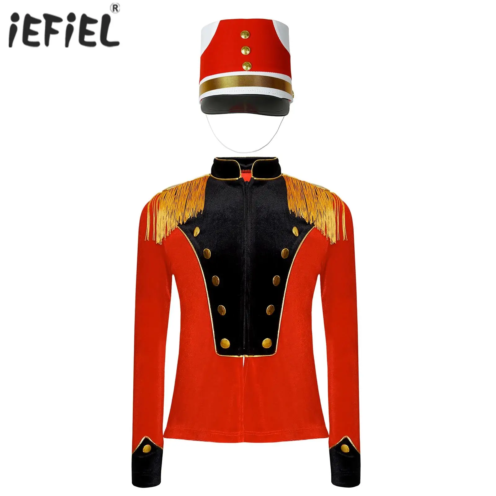 Kids Drum Major Drummer Outfits Uniform Costume Halloween Cosplay Long Sleeve Fringe Epaulet Zipper Velvet Jacket with Hat Set