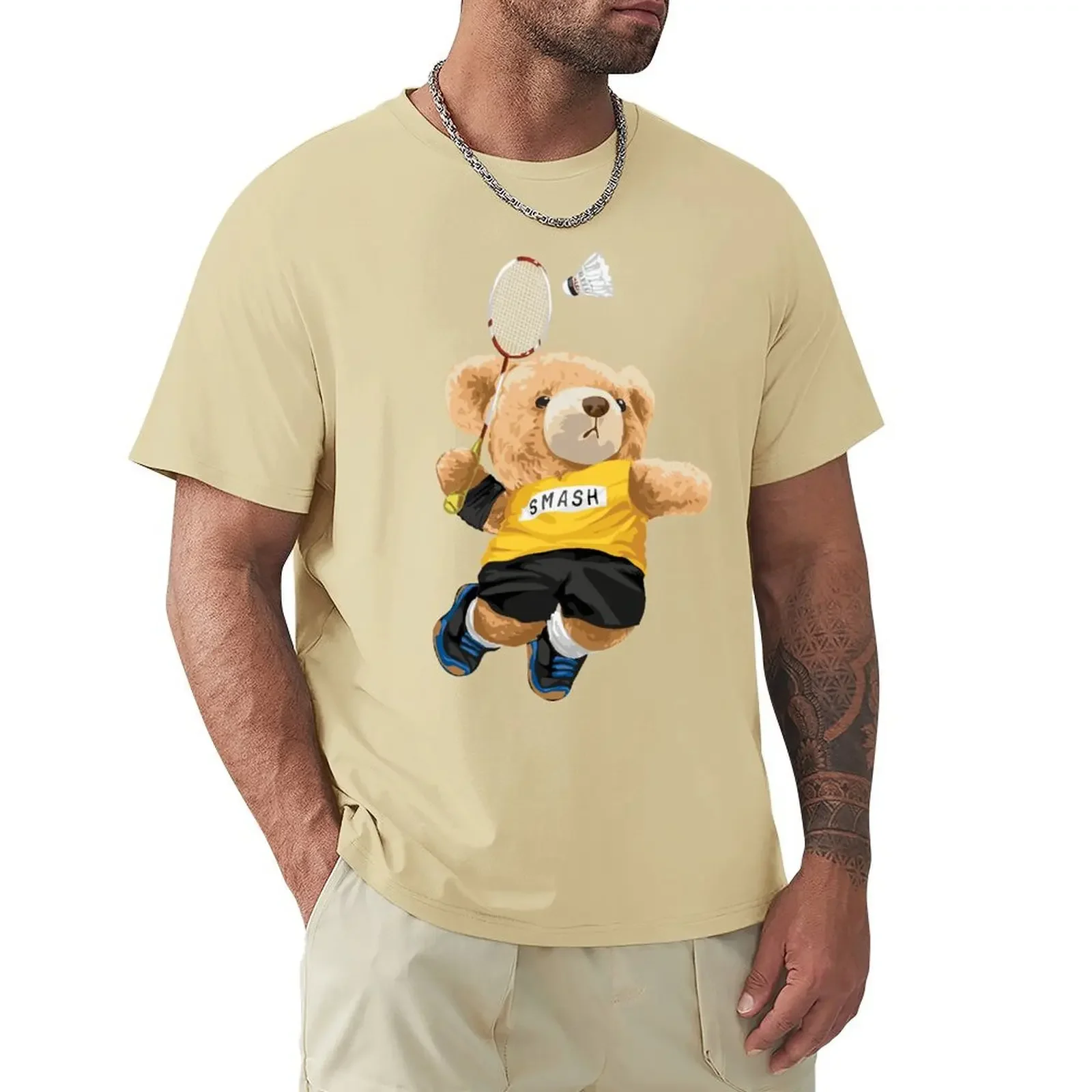 Teddy Bear Playing Badminton T Shirt Harajuku Short Sleeve T-shirt 100% Cotton Graphics Tshirt Tops