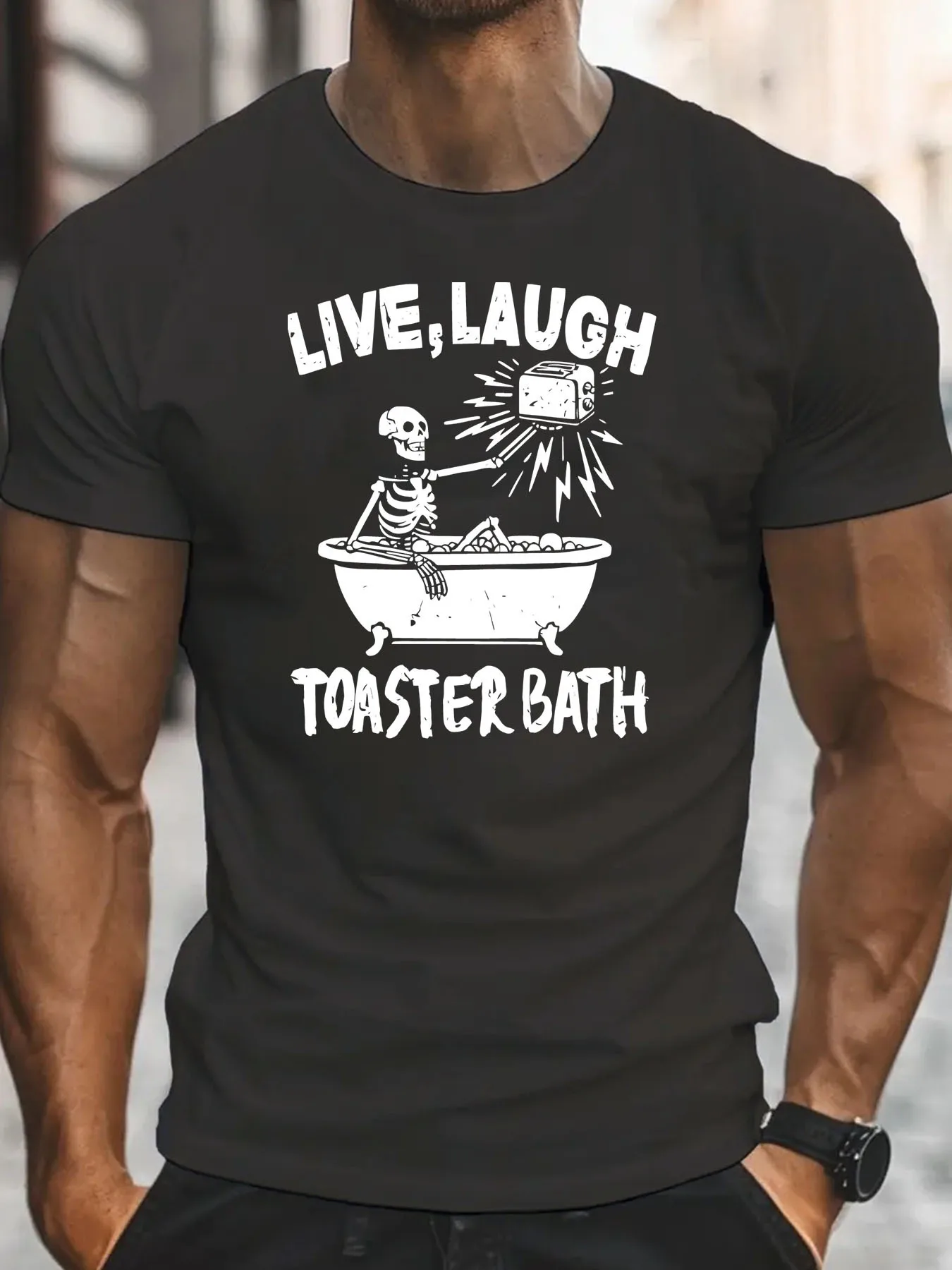 Live Laugh Toaster Bath Shirt, Black Humorous Fun Shirt Gift, Men's Top, Gift T-shirt, Summer, Daily Leisure, Crew Neck Short Sleeves, Fashionable Men's Clothing