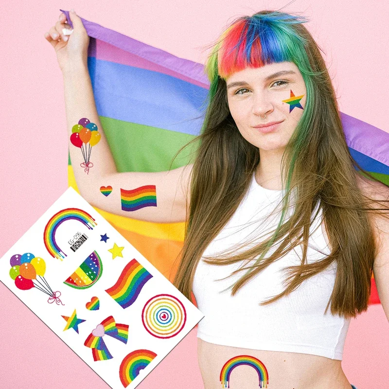 

10 Sheets Sparkling Rainbow Pride Temporary Tattoos - Vibrant Butterfly, Flower & Heart Designs Fake Tattoo Sticker