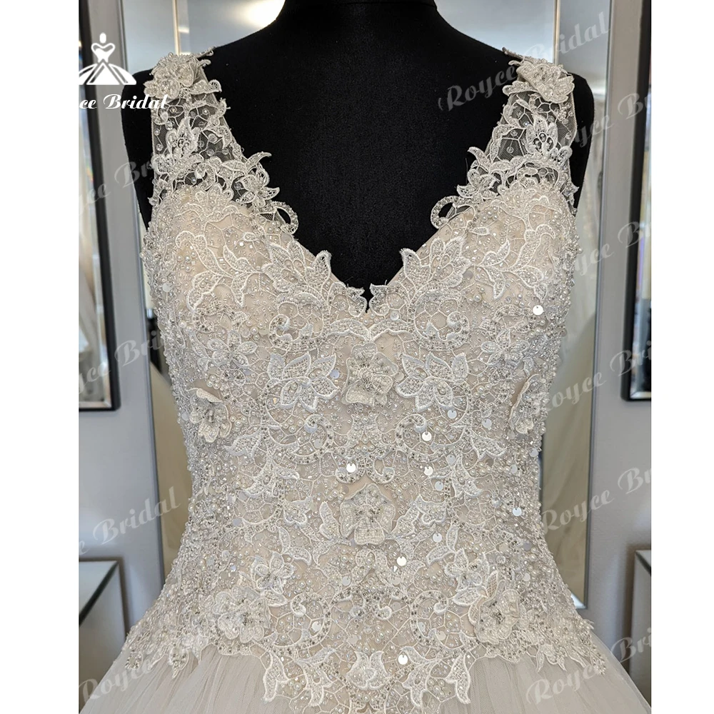 Roycebridal-vestido de novia de lujo con cuello en V, apliques de encaje, línea A, cuentas, vestido de novia de playa, 2025