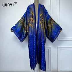 WINYI letnia etniczna nadruk z piór sukienka kimono okrycie plażowe sweter boho maxi płaszcz abayas nadruk kaftan plażowa odzież damska 2024