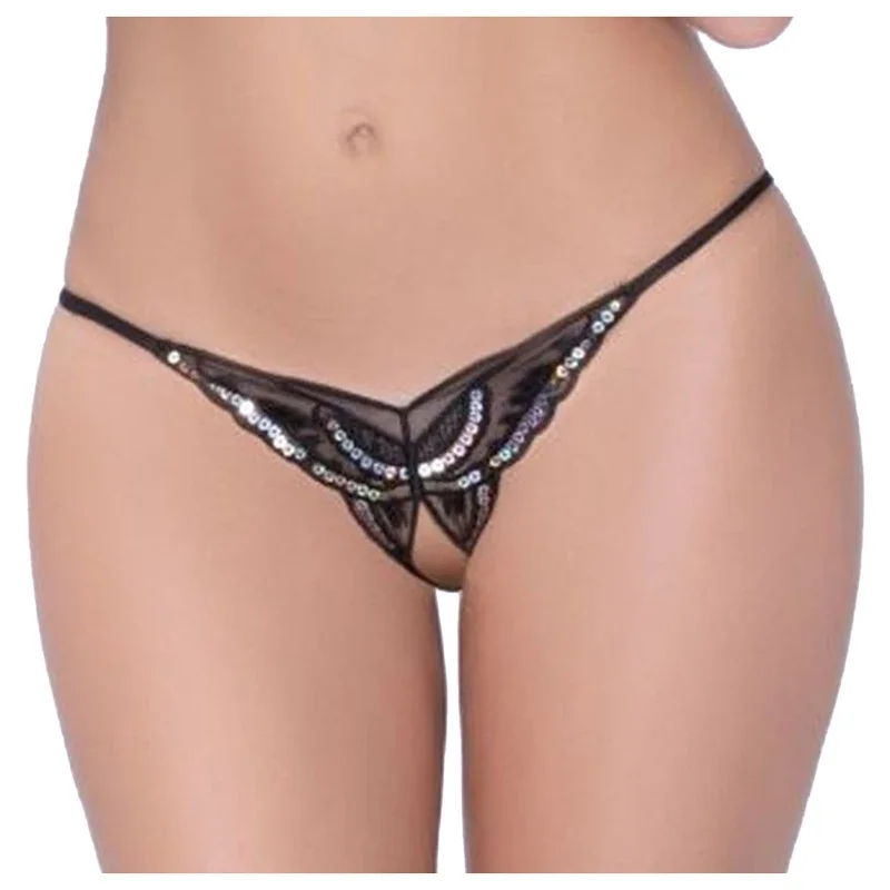 Lencería Sexy para mujer, bragas de encaje con bordado de lentejuelas, entrepierna abierta, Tanga transparente, pantalones en T, ropa interior para mujer