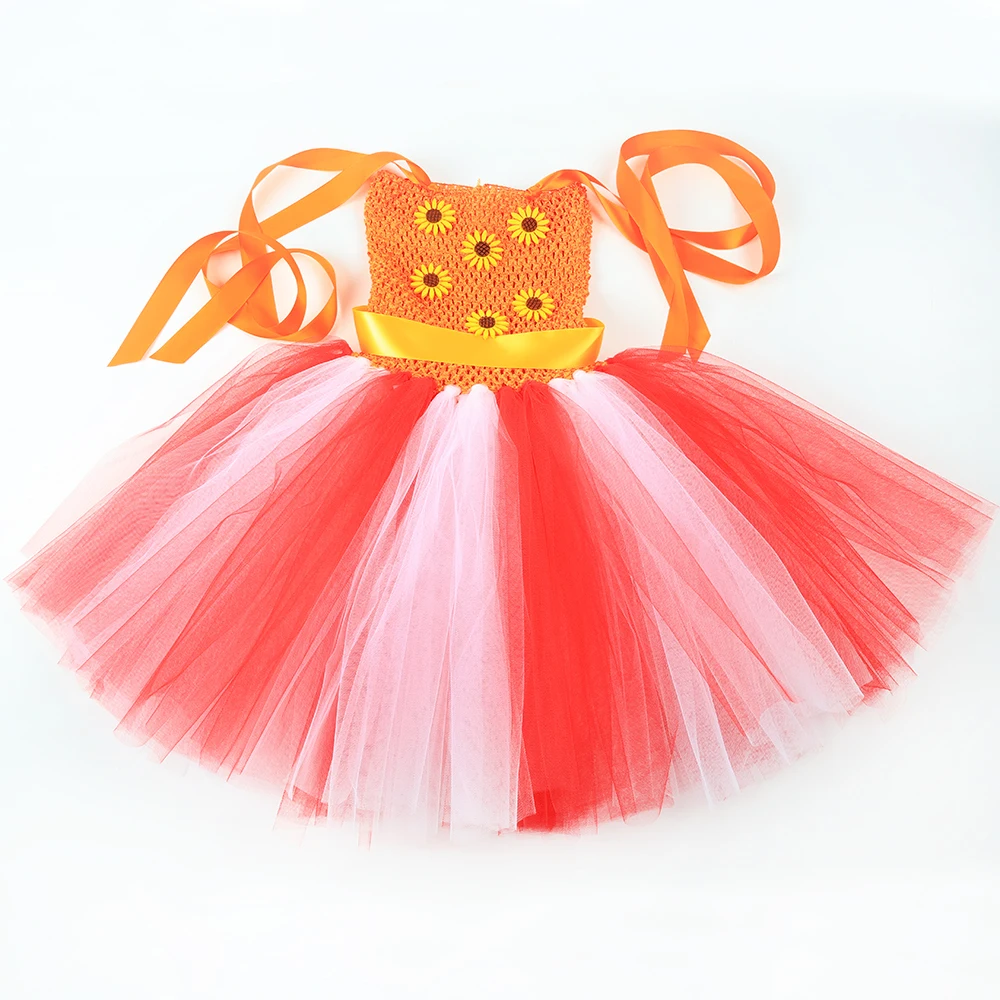 Halloween Orange Daisy Garden Tulle Tutu Dress for Girls Floral Princess Outfit Kids Stage Performance Birthday Banquet Dresses