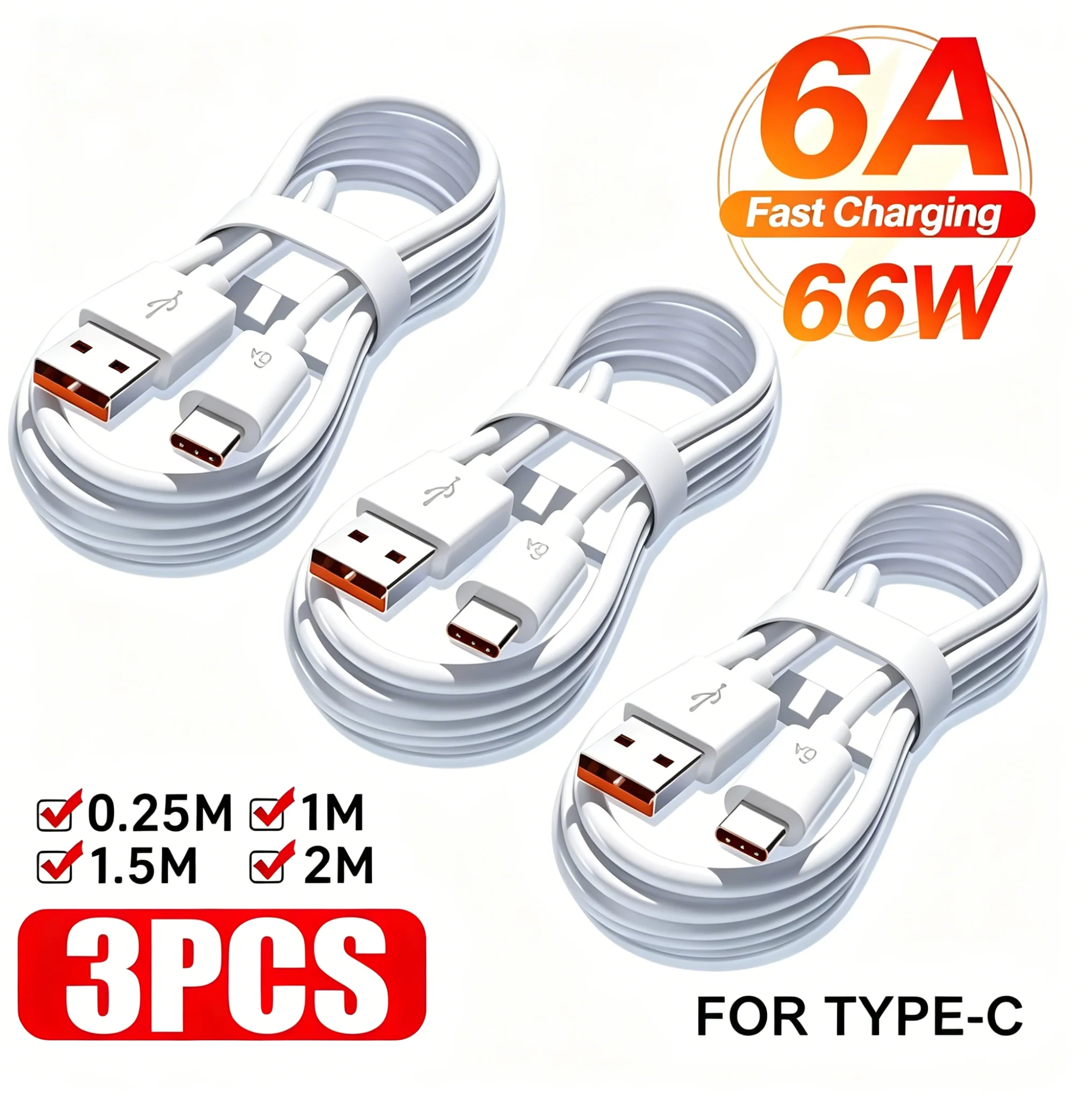 6A 66W High Power Fast Charge USB Type-C Cable 0.25m/1m/1.5m/2m Universal Charging Cable for iPhone Huawei Samsung Xiaomi POCO