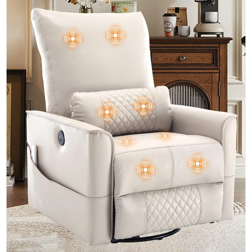 Electric Swivel Recliner Chair with Massage Heat USB Port, Extra Wide Beige Leather Power Recliners Massaging Chair