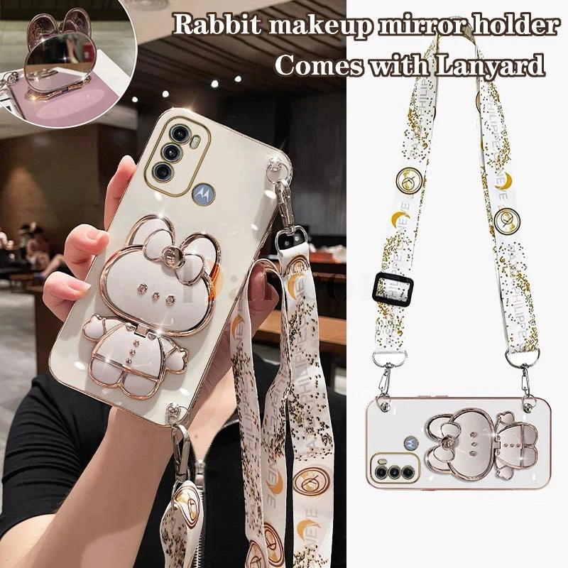 Crossbody Lanyard Plating Phone Rabbit Holder Case For Motorola Moto G60 G60S G40F G30 G20 G10 G50 G32 G42 G52 G53 G72 G73 Cover