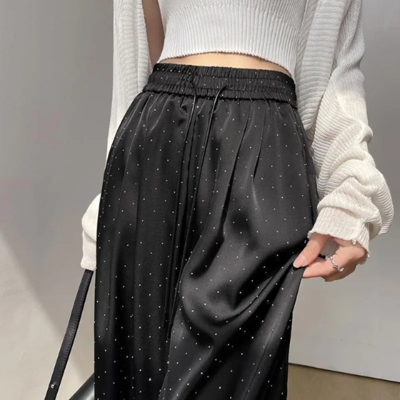 

Full star hot drill acetic acid wide leg pants women's summer high waisted satin elastic sag casual loose moped pants