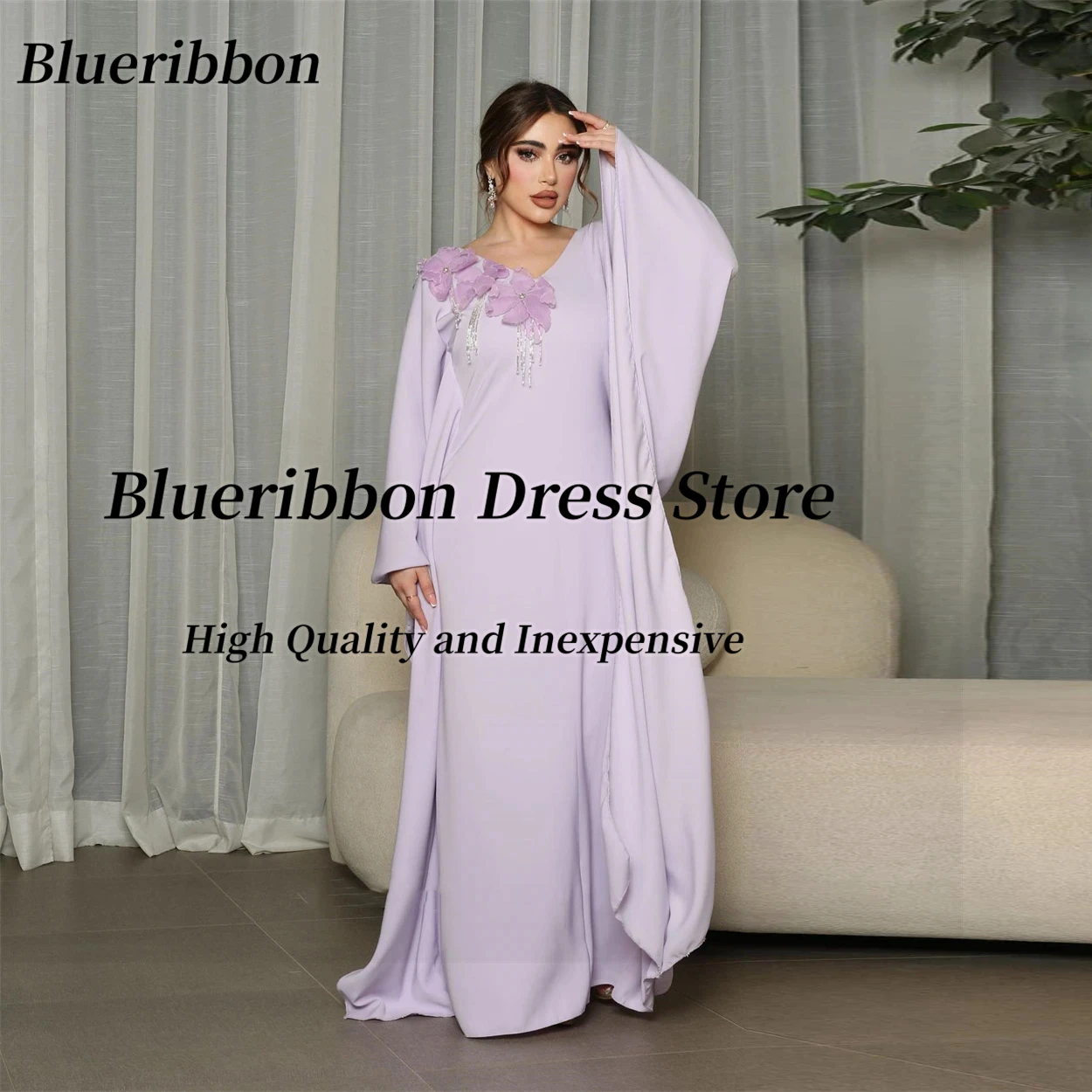 

Blueribbon Customized Robe De Soirée V Neck Prom Dresses Beading Tassels Flowers Evening Dress Long Sleeves Wedding Party Gowns
