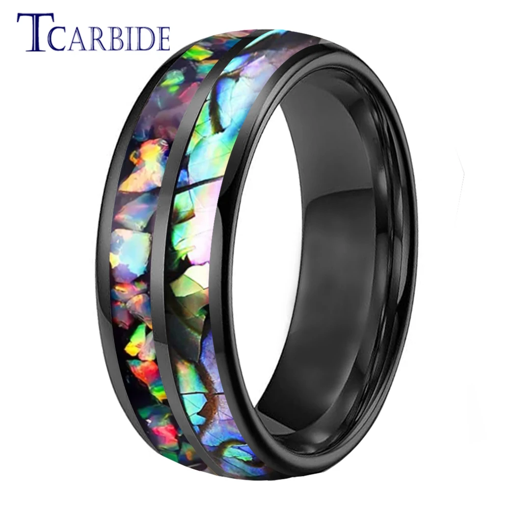 

Дропшиппинг, 8 мм, крутое мужское и женское кольцо, вольфрамовое обручальное кольцо с измельченным огненным опалом и инкрустацией из ракушки морского ушка, удобная посадка