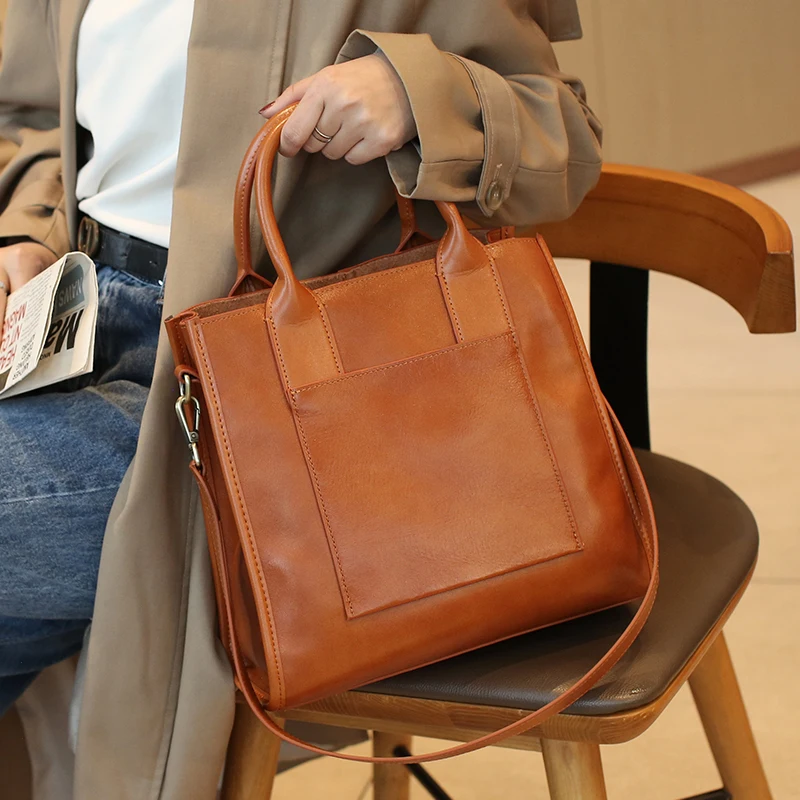 2023 Women\'s Bag Genuine Leather Tote Handbag Female Vegetable Tanned Cowhide Leather Crossbody Messenger Briefcase Shoulder Bag