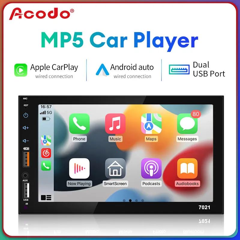 

Acodo MP5 Car Player 7Inch Wired Carplay Android Auto Dual USB Port TF Card Bluetooth FM Radio Touch Screen Reversing Input