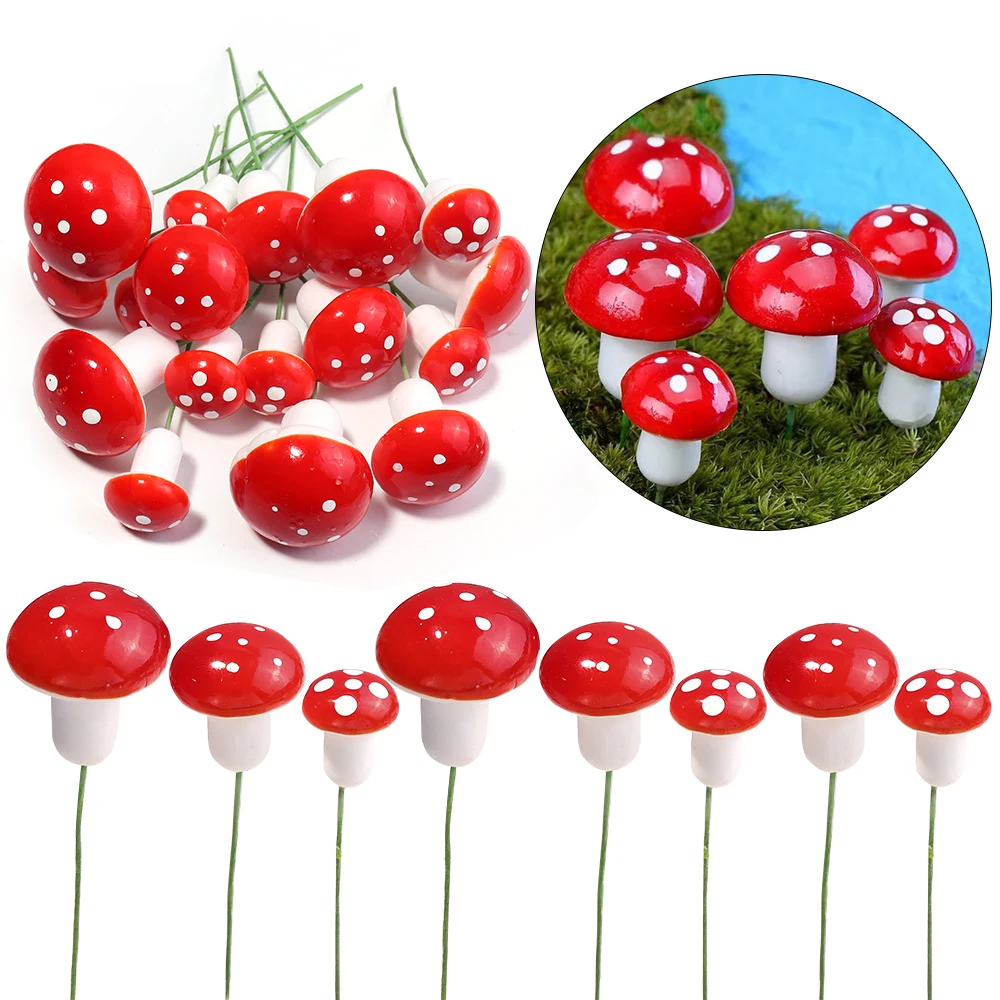 30pcs Mini Red Mushroom Miniatures Artificial Foam Mushroom Garden Dotted Small Potted For House Landscape Bonsai Garden Decor
