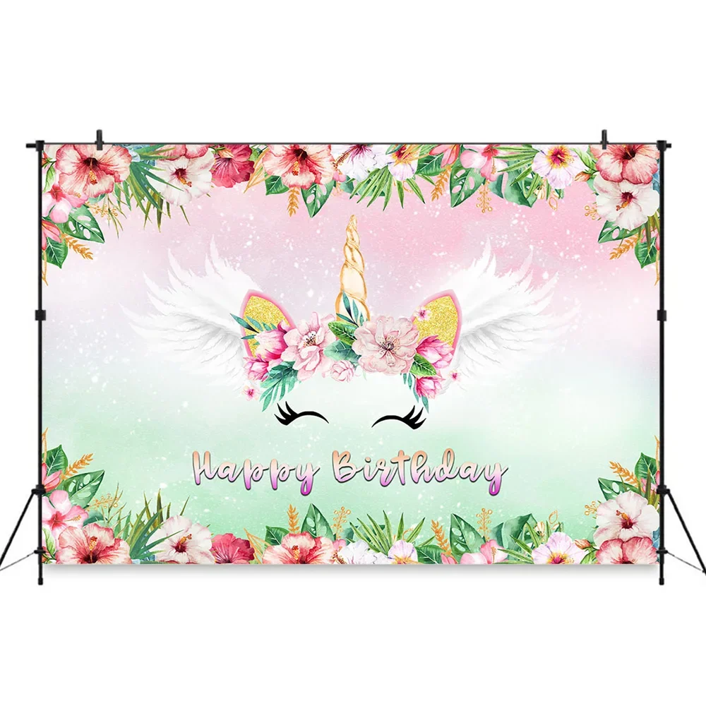 Unicorn Girl Birthday Decoration Photography Background Flowers Feather Shining Backdrop Banner Newborn Baby Shower Studio Photo