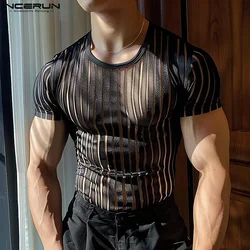 INCERUN Men T Shirt Striped Mesh Transparent O-neck Short Sleeve Men Clothing Streetwear 2024 Sexy Skinny Fashion Tee Tops S-5XL