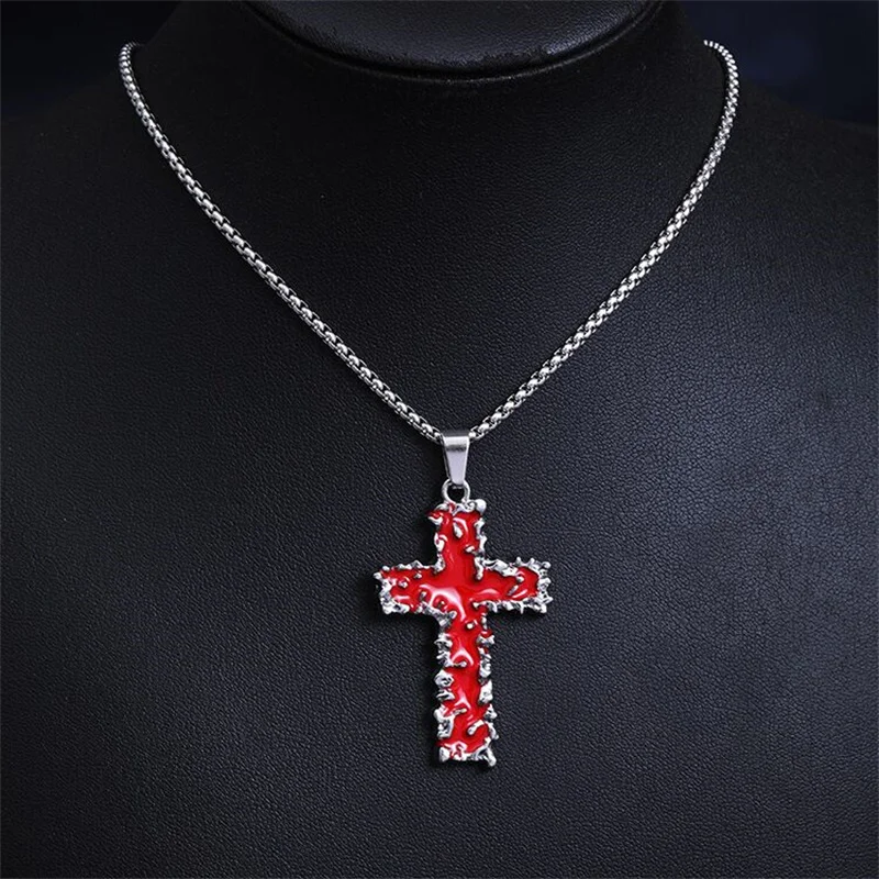 الأزياء القوطية الشرير الأحمر الأسود الحمم البركانية شوكة الصليب قلادة قلادة للرجال والنساء الفولاذ المقاوم للصدأ الهيب هوب سلسلة مجوهرات