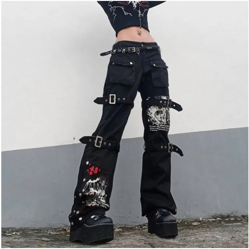

Streetwear Y2K High Waist Cargo Jeans Women Printed Flared Metal Button Denim Pants Cargo Jeans Vintage Clothes