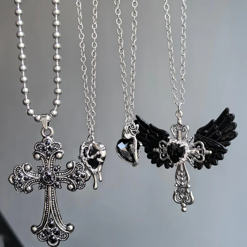 4Pcs Gothic necklace set with winged black heart rose drop heart, black rhinestone cross pendant necklace aesthetic jewelry