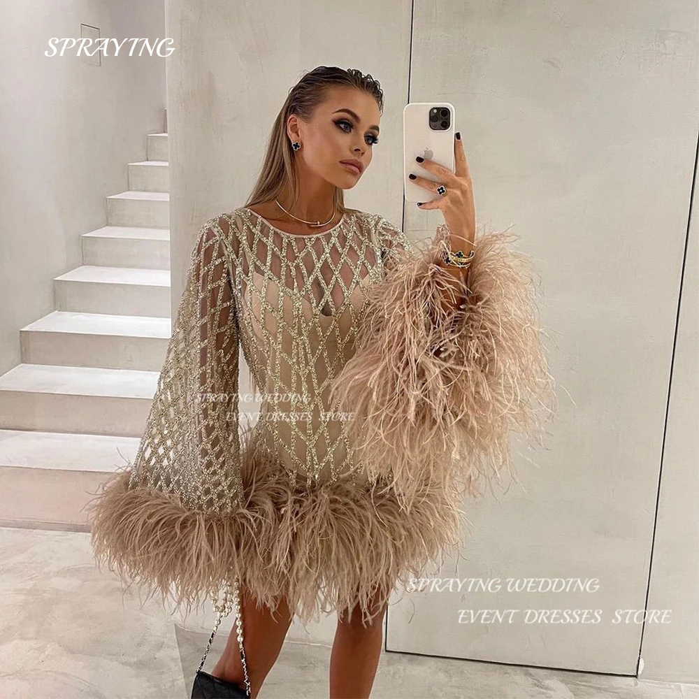 SPRAYING Luxury Short Shiny Glitter Prom Party Dress Flare Long Sleeves Jewel Neck Dubai Arabic Women Cocktail Dress Night Event