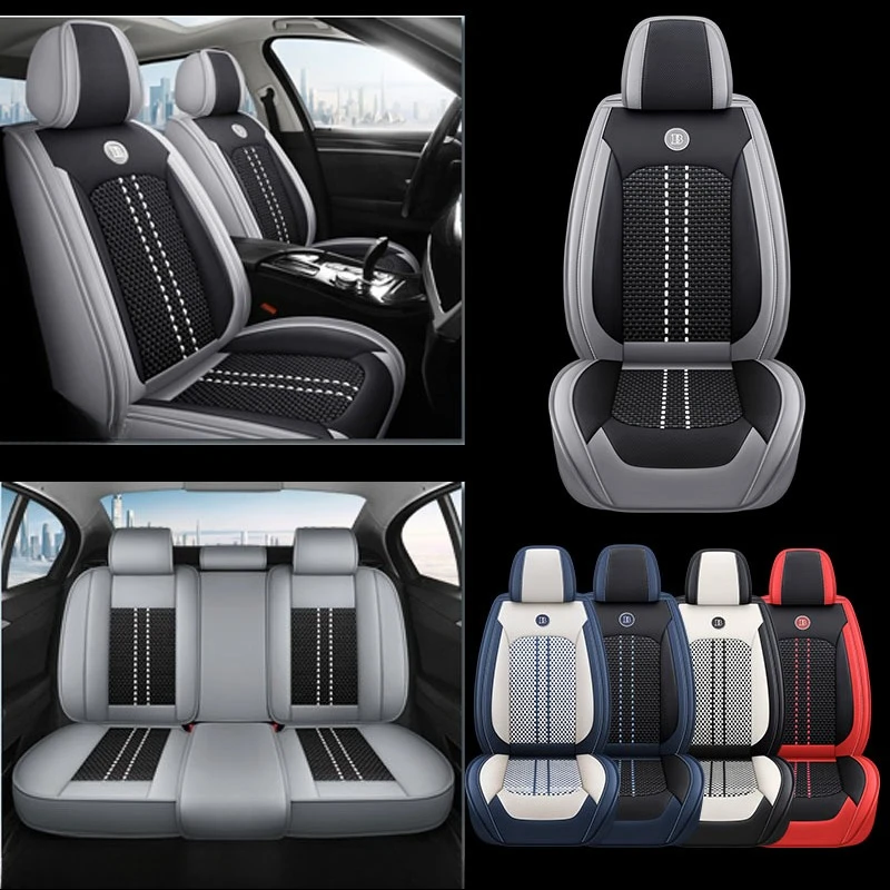

5-местные высококачественные чехлы на автомобильные сиденья из кожи и ледяного шелка с полным покрытием — универсальная посадка, дышащая, противоскользящая, простая в установке