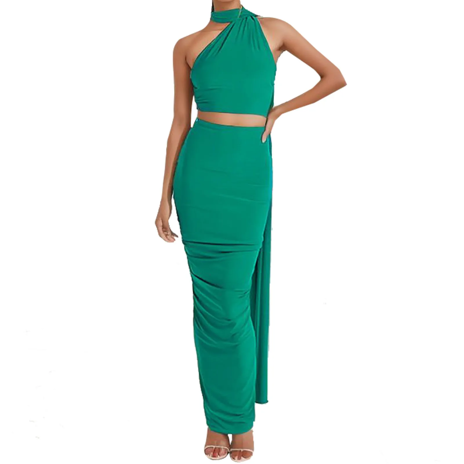 Fashion Backless Sexy Dress Set Women Halter Back Strap Crop Top And Maxi Skirt Female Elegant Bodycon Two Piece Set long Skirt