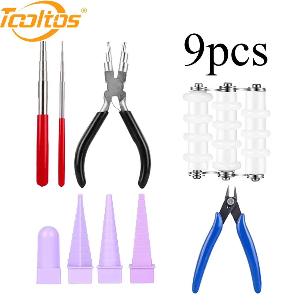 

Набор инструментов для изготовления украшений TOOLTOS, 9 предметов: плоскогубцы для обмотки проволоки, кусачки для разрезания колец и мандрели для бисероплетения